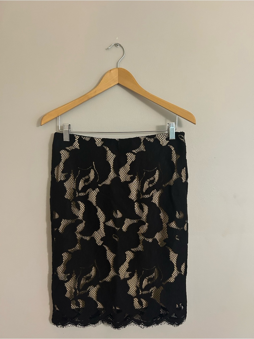 Black Lace Pencil Skirt with Nude Underlay
